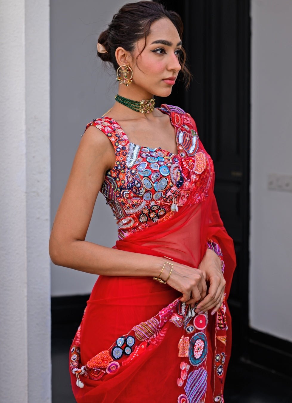 Red Net Predraped Saree With Sequins Blouse Juhi Bengani - Fabilicious Fashion