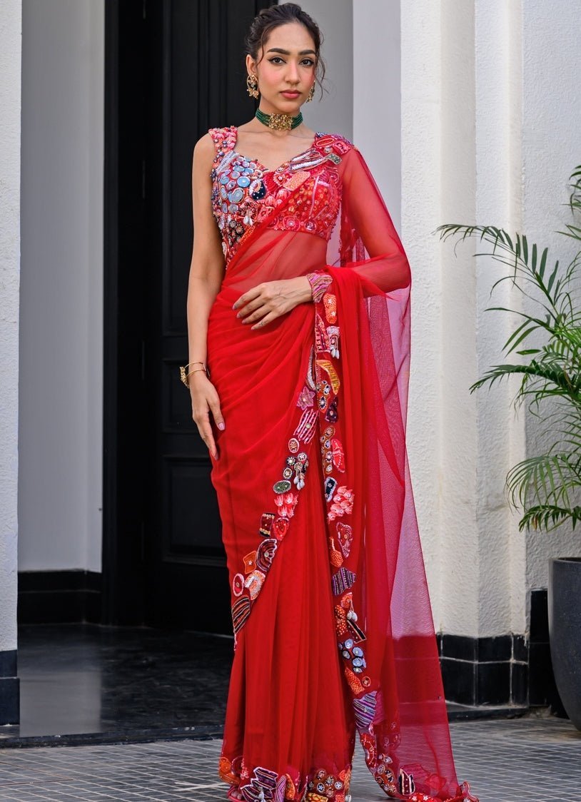 Red Net Predraped Saree With Sequins Blouse Juhi Bengani - Fabilicious Fashion