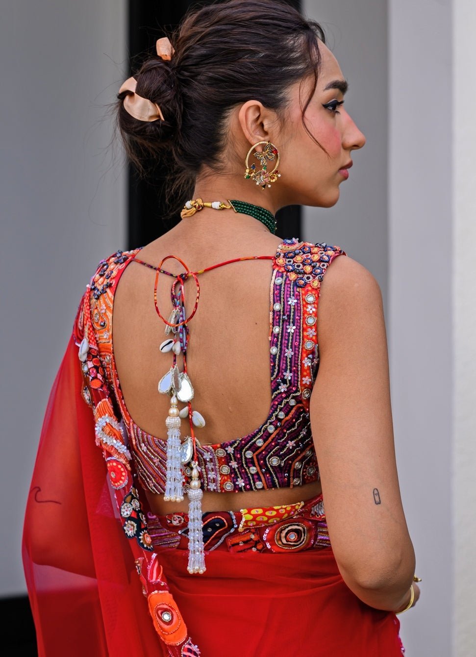 Red Net Predraped Saree With Sequins Blouse Juhi Bengani - Fabilicious Fashion