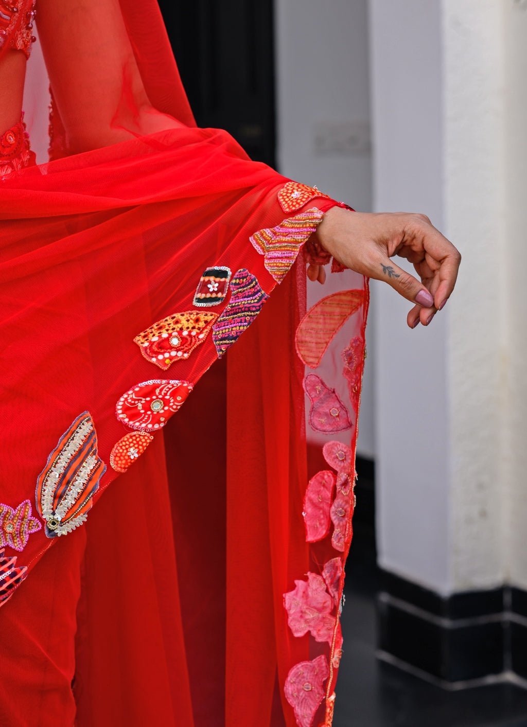 Red Net Predraped Saree With Sequins Blouse Juhi Bengani - Fabilicious Fashion