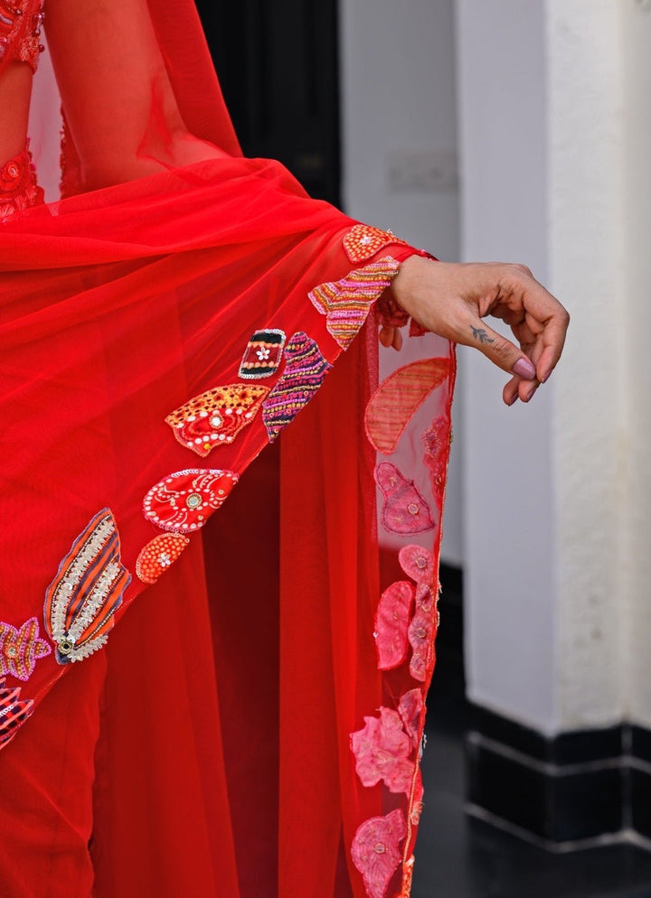 Red Net Predraped Saree With Sequins Blouse Juhi Bengani - Fabilicious Fashion
