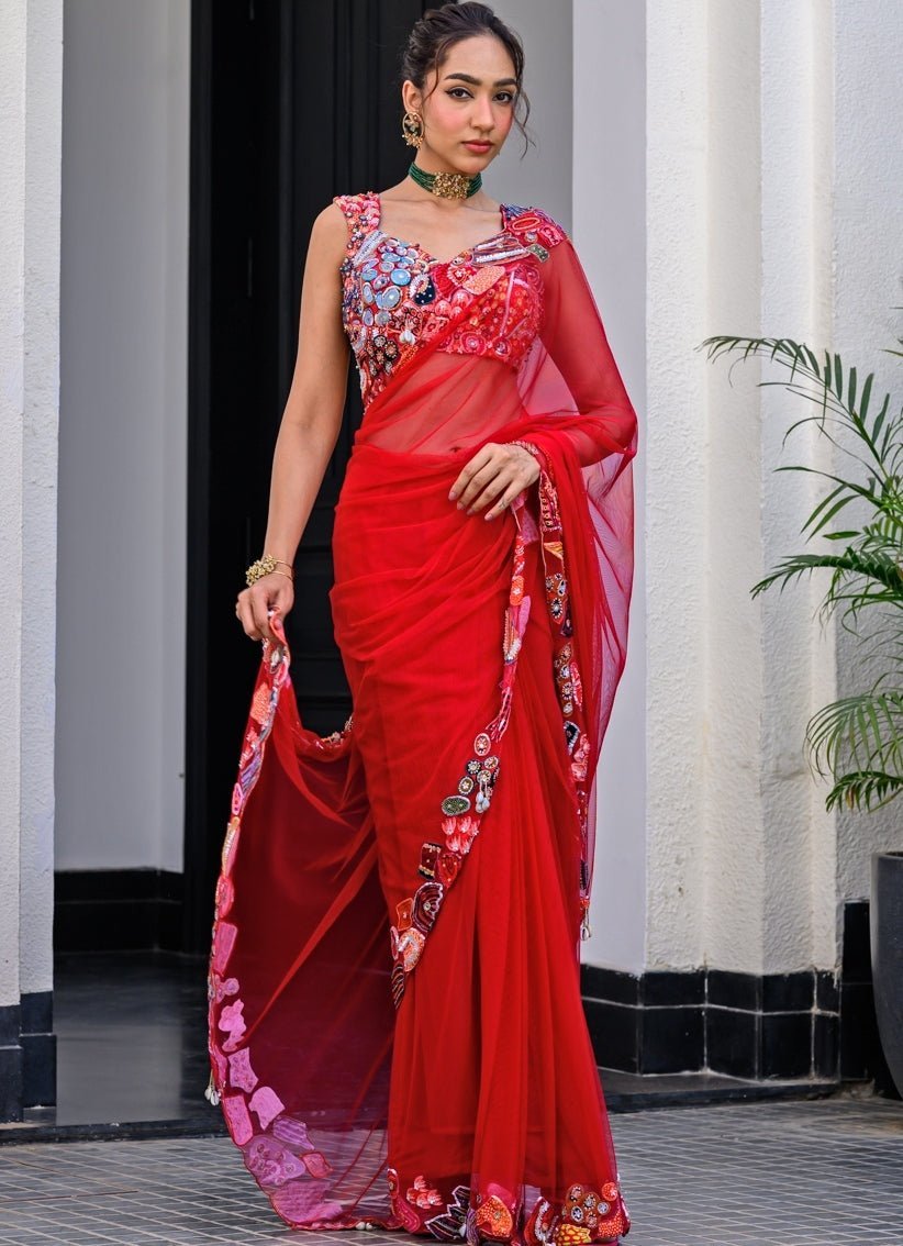 Red Net Predraped Saree With Sequins Blouse Juhi Bengani - Fabilicious Fashion