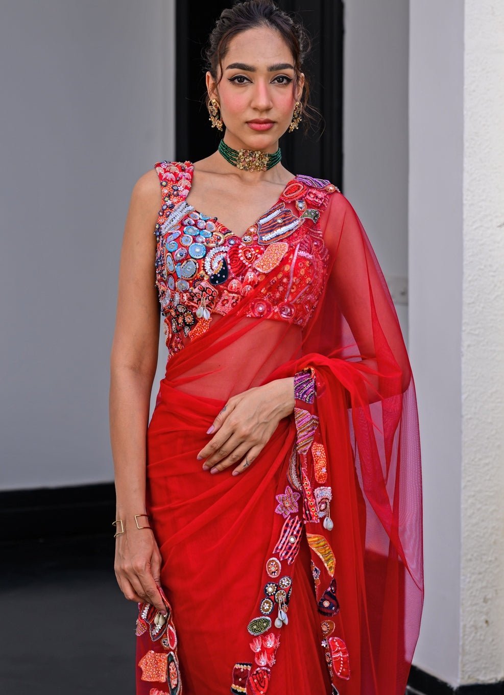 Red Net Predraped Saree With Sequins Blouse Juhi Bengani - Fabilicious Fashion