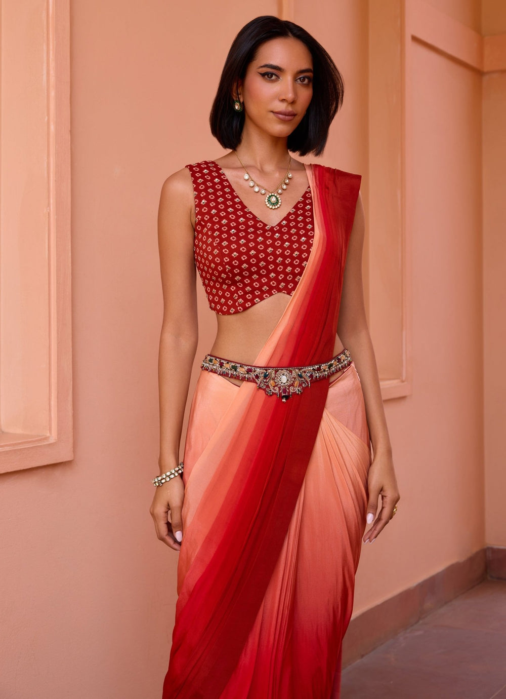 Red Ombre Crepe Pre - Stitched Saree With Belt Isha Gupta Tayal - Fabilicious Fashion