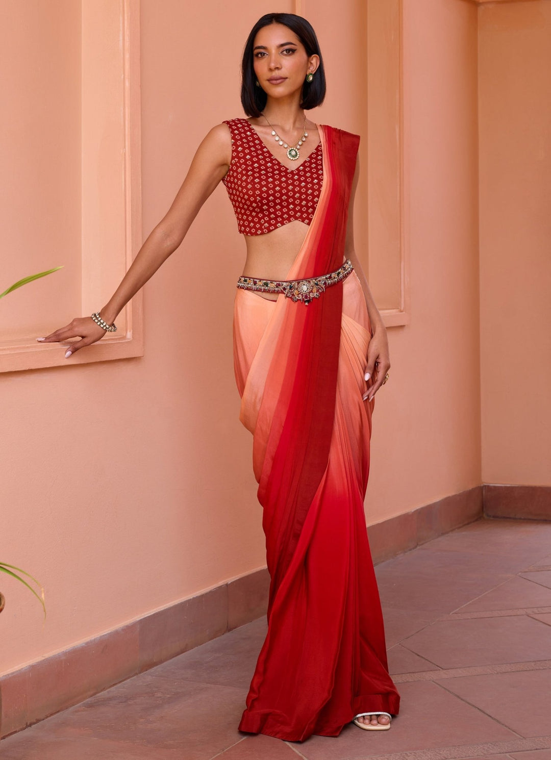 Red Ombre Crepe Pre - Stitched Saree With Belt Isha Gupta Tayal - Fabilicious Fashion