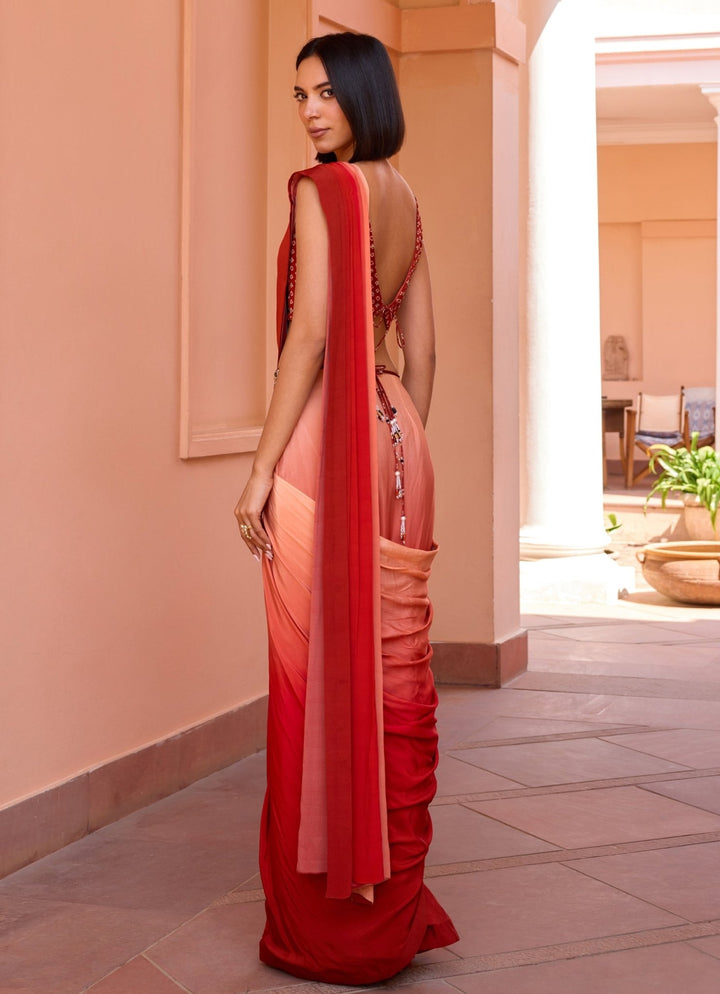 Red Ombre Crepe Pre - Stitched Saree With Belt Isha Gupta Tayal - Fabilicious Fashion