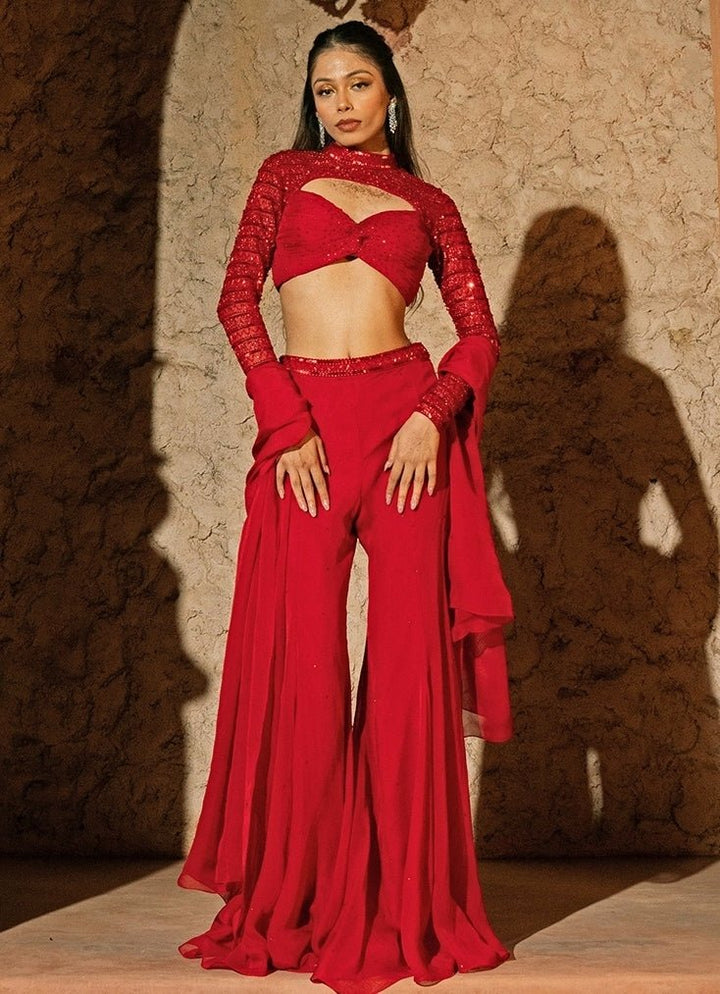 Red Organza Flared Pants Set Silky Bindra - Fabilicious Fashion