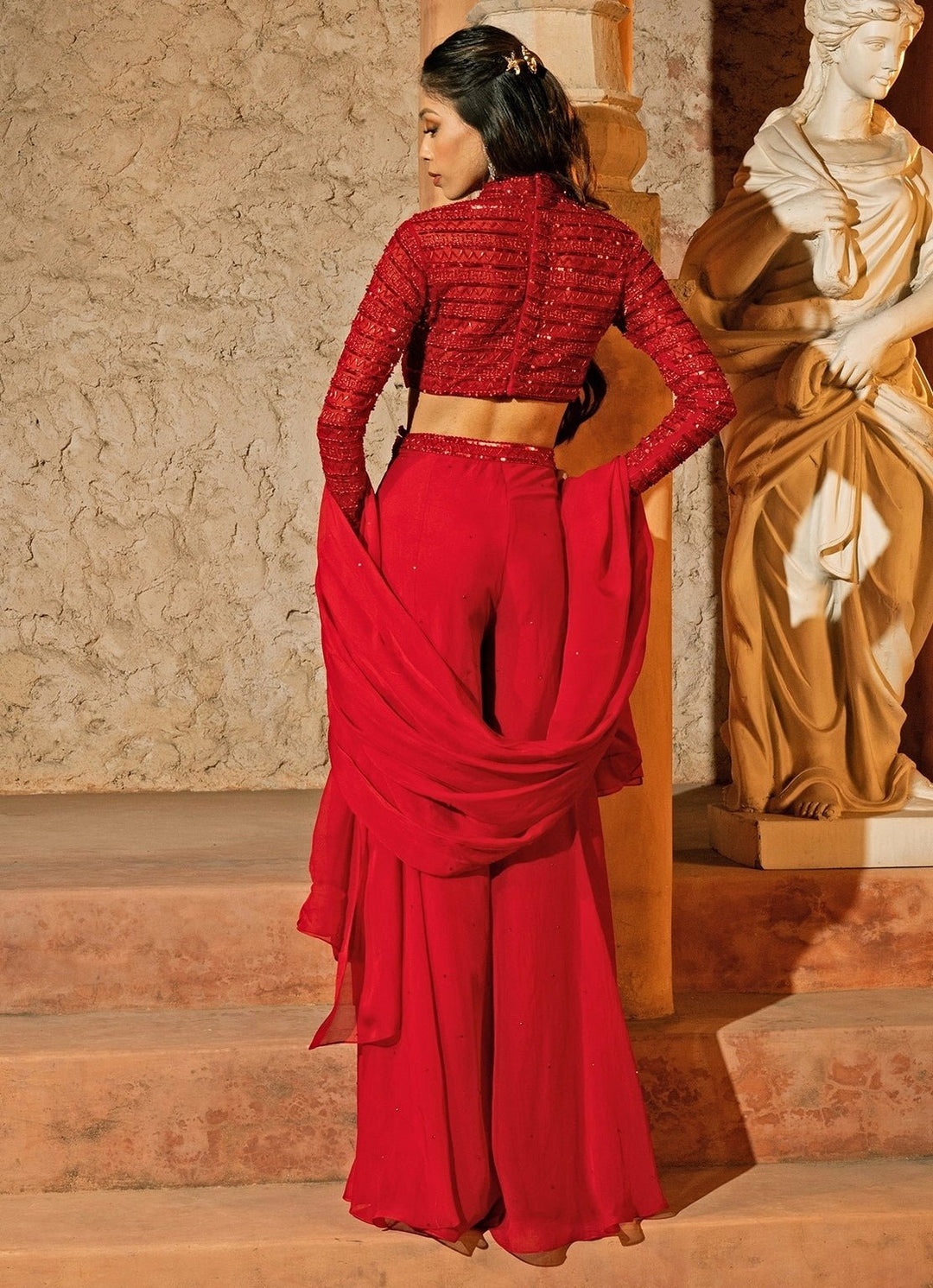 Red Organza Flared Pants Set Silky Bindra - Fabilicious Fashion