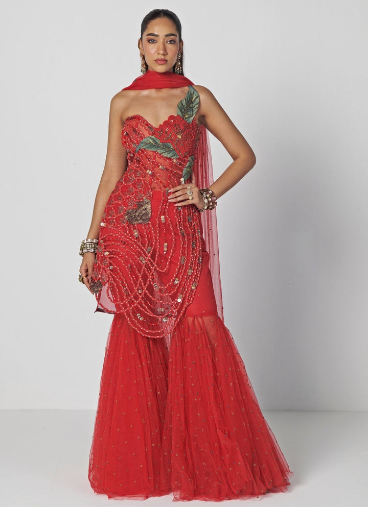 Rishi and Vibhuti Red Organza Kurta Sharara SetFabilicious Fashion