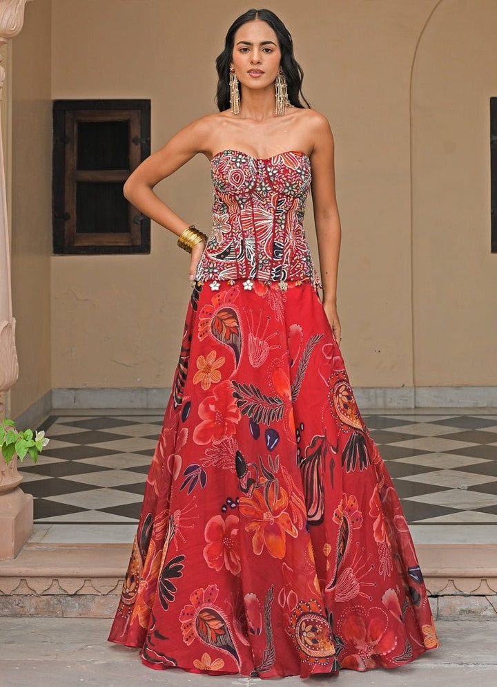 Red Organza Lehenga Set With Mirror Corset Juhi Bengani - Fabilicious Fashion
