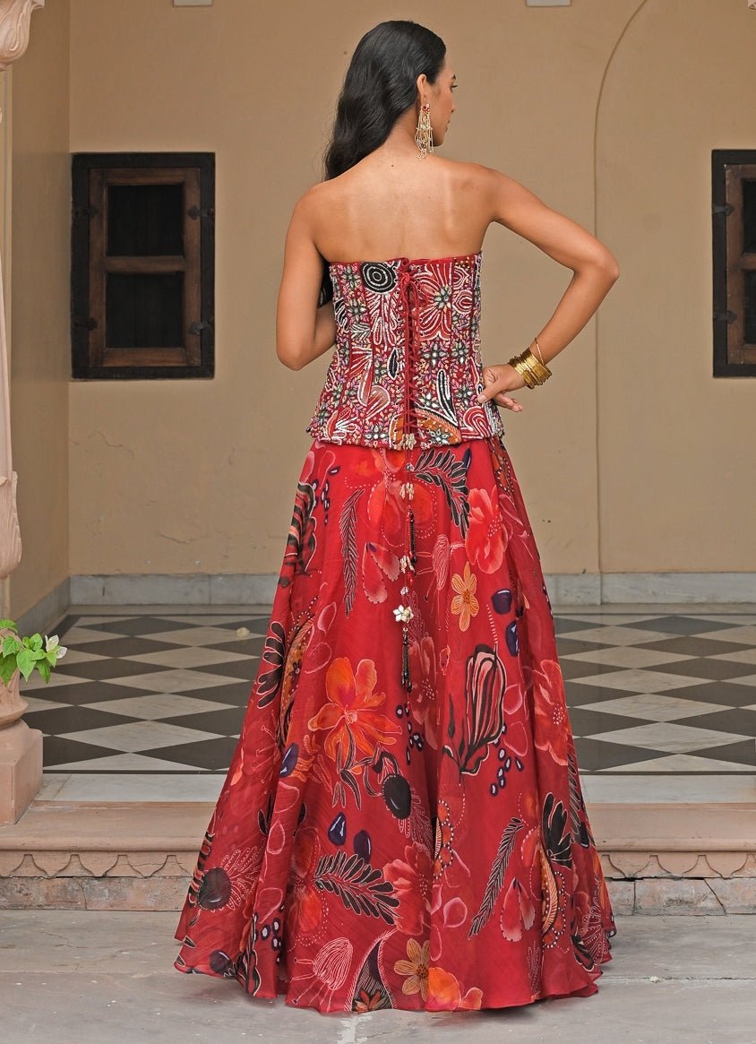 Red Organza Lehenga Set With Mirror Corset Juhi Bengani - Fabilicious Fashion