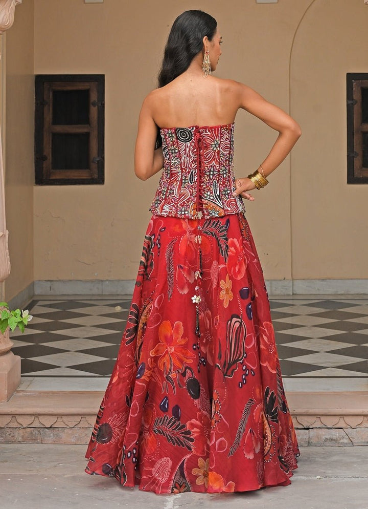 Red Organza Lehenga Set With Mirror Corset Juhi Bengani - Fabilicious Fashion