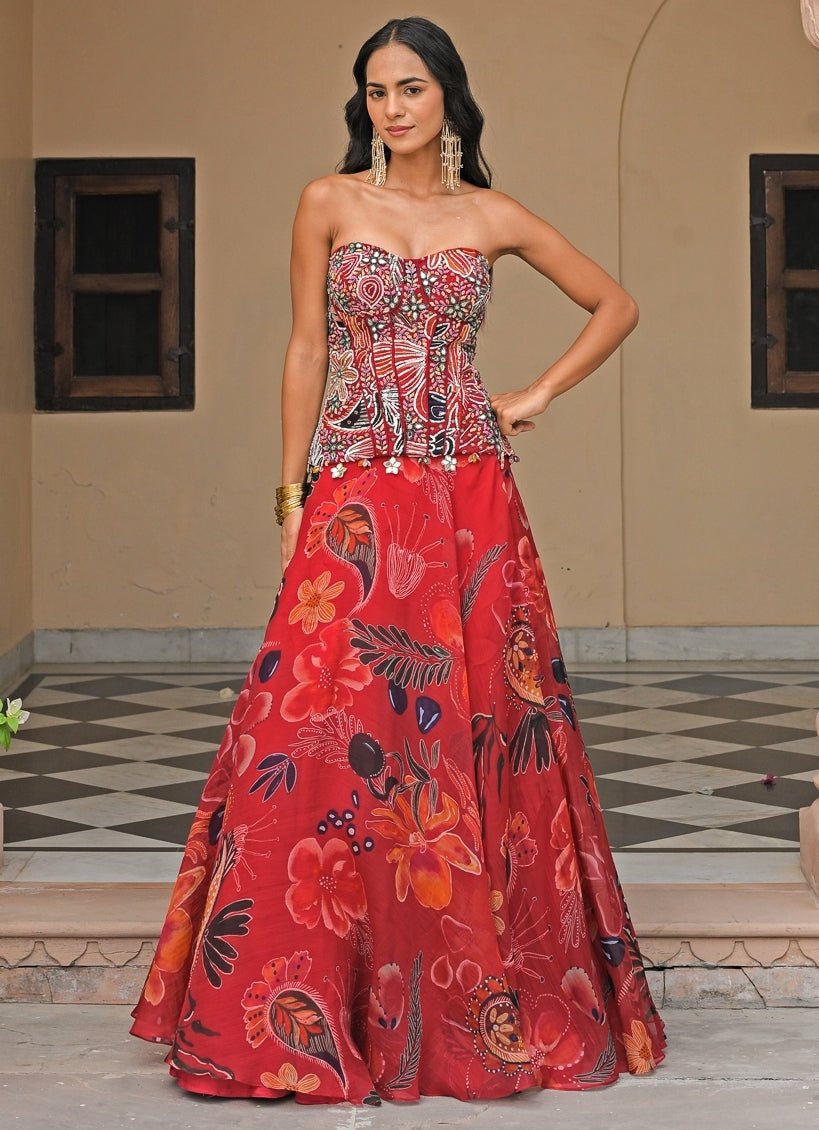 Red Organza Lehenga Set With Mirror Corset Juhi Bengani - Fabilicious Fashion