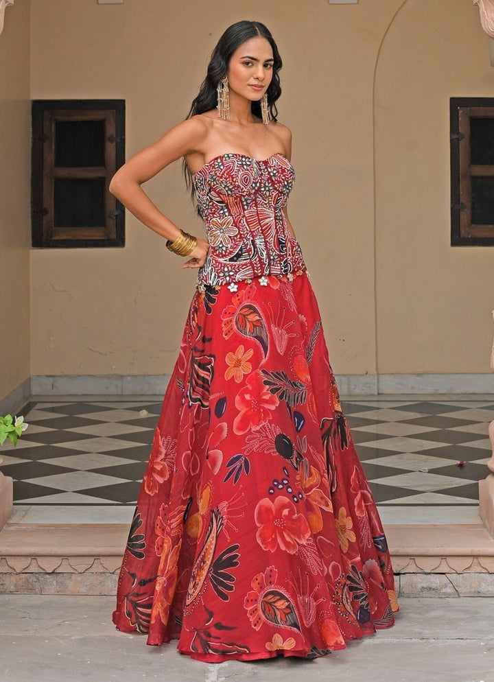 Red Organza Lehenga Set With Mirror Corset Juhi Bengani - Fabilicious Fashion