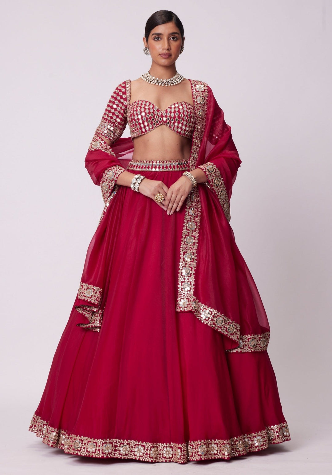 Red Organza Lehenga With Embroidered Elbow Sleeves Blouse Vvani by Vani Vats - Fabilicious Fashion