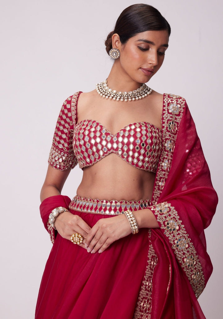 Red Organza Lehenga With Embroidered Elbow Sleeves Blouse Vvani by Vani Vats - Fabilicious Fashion