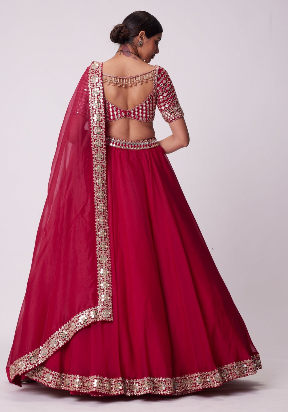 Red Organza Lehenga With Embroidered Elbow Sleeves Blouse Vvani by Vani Vats - Fabilicious Fashion