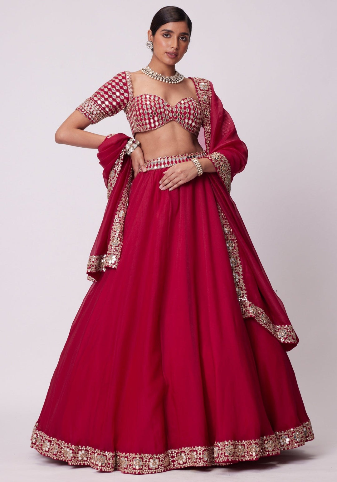 Red Organza Lehenga With Embroidered Elbow Sleeves Blouse Vvani by Vani Vats - Fabilicious Fashion