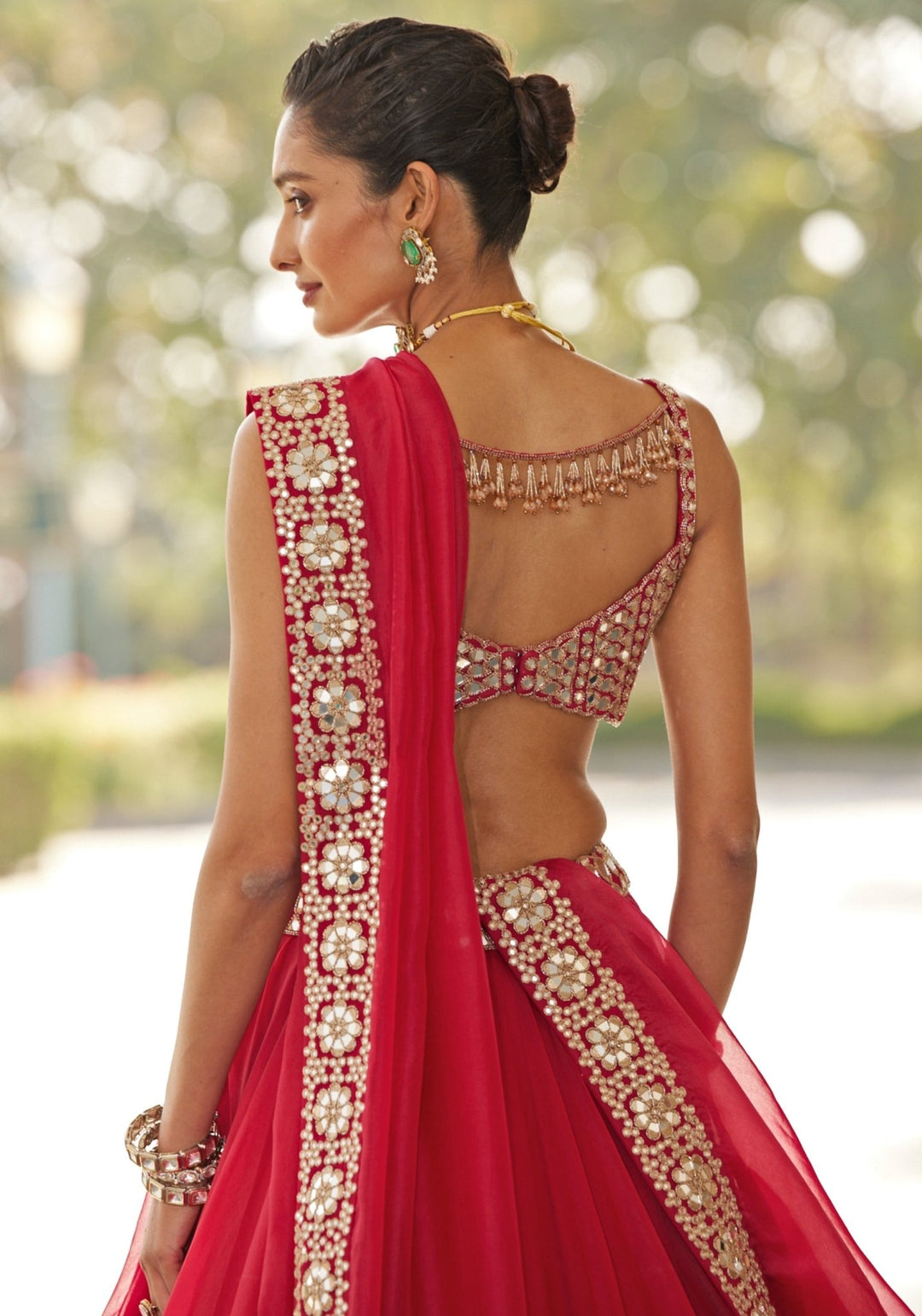 Red Organza Lehenga With Embroidered Sleeveless Blouse Vvani by Vani Vats - Fabilicious Fashion