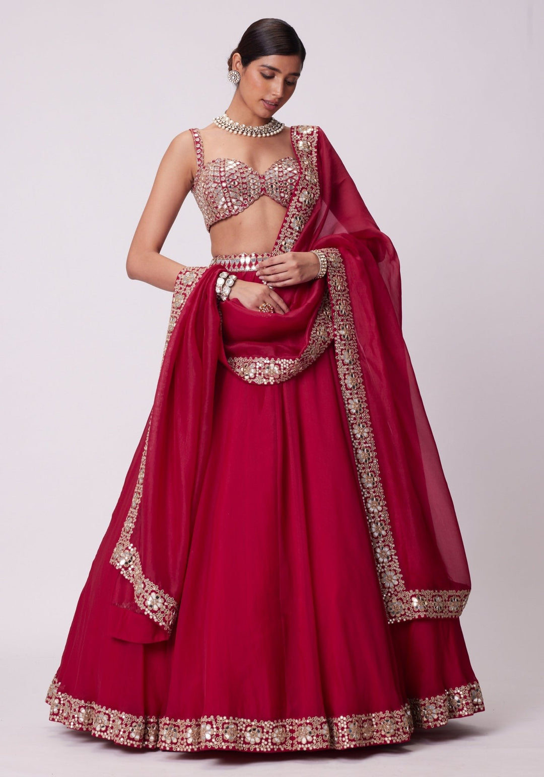 Red Organza Lehenga With Embroidered Sleeveless Blouse Vvani by Vani Vats - Fabilicious Fashion