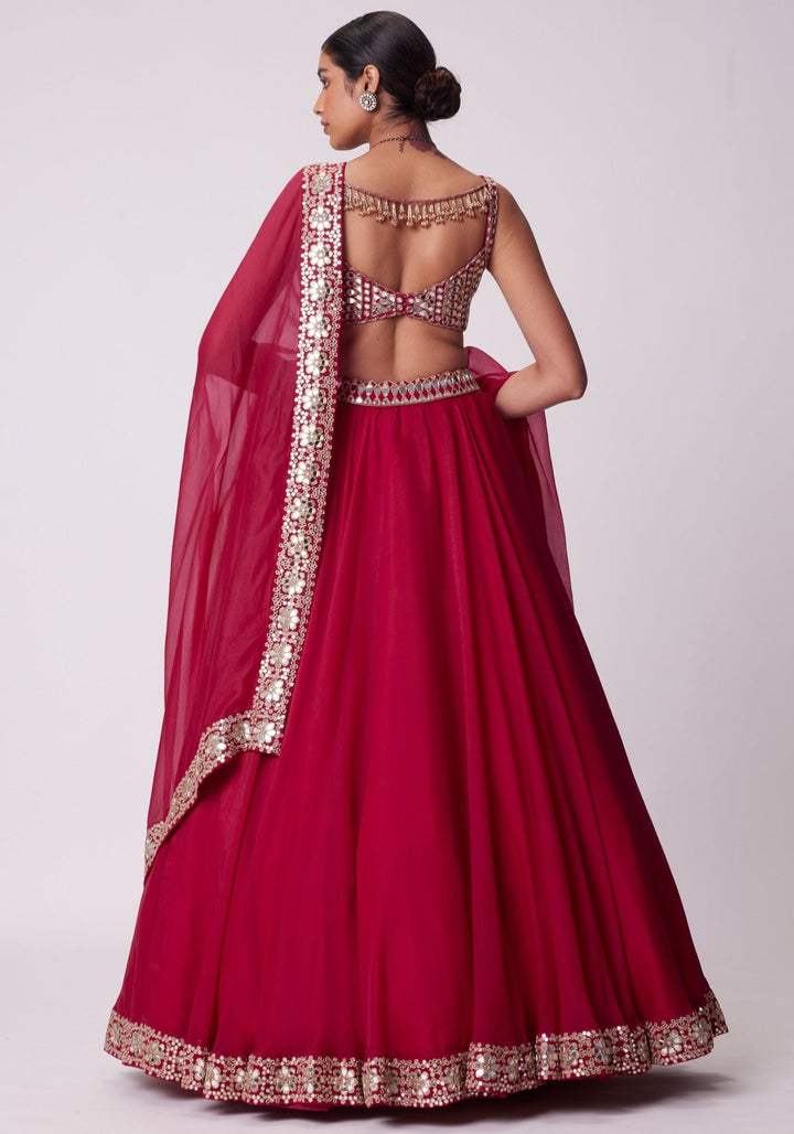 Red Organza Lehenga With Embroidered Sleeveless Blouse Vvani by Vani Vats - Fabilicious Fashion