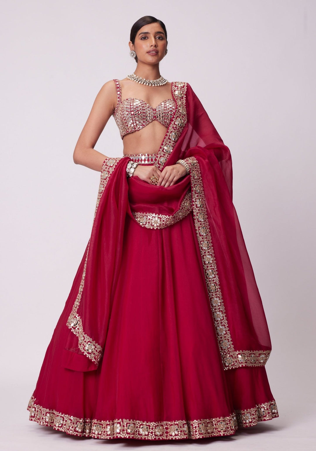 Red Organza Lehenga With Embroidered Sleeveless Blouse Vvani by Vani Vats - Fabilicious Fashion