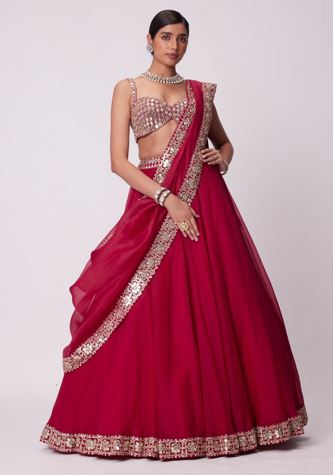 Red Organza Lehenga With Embroidered Sleeveless Blouse Vvani by Vani Vats - Fabilicious Fashion