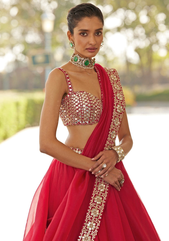 Red Organza Lehenga With Embroidered Sleeveless Blouse Vvani by Vani Vats - Fabilicious Fashion