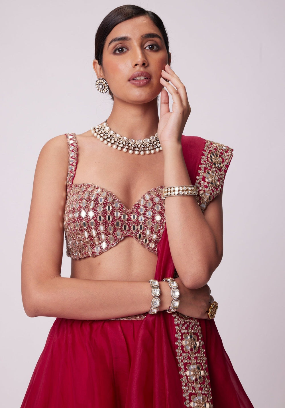 Red Organza Lehenga With Embroidered Sleeveless Blouse Vvani by Vani Vats - Fabilicious Fashion