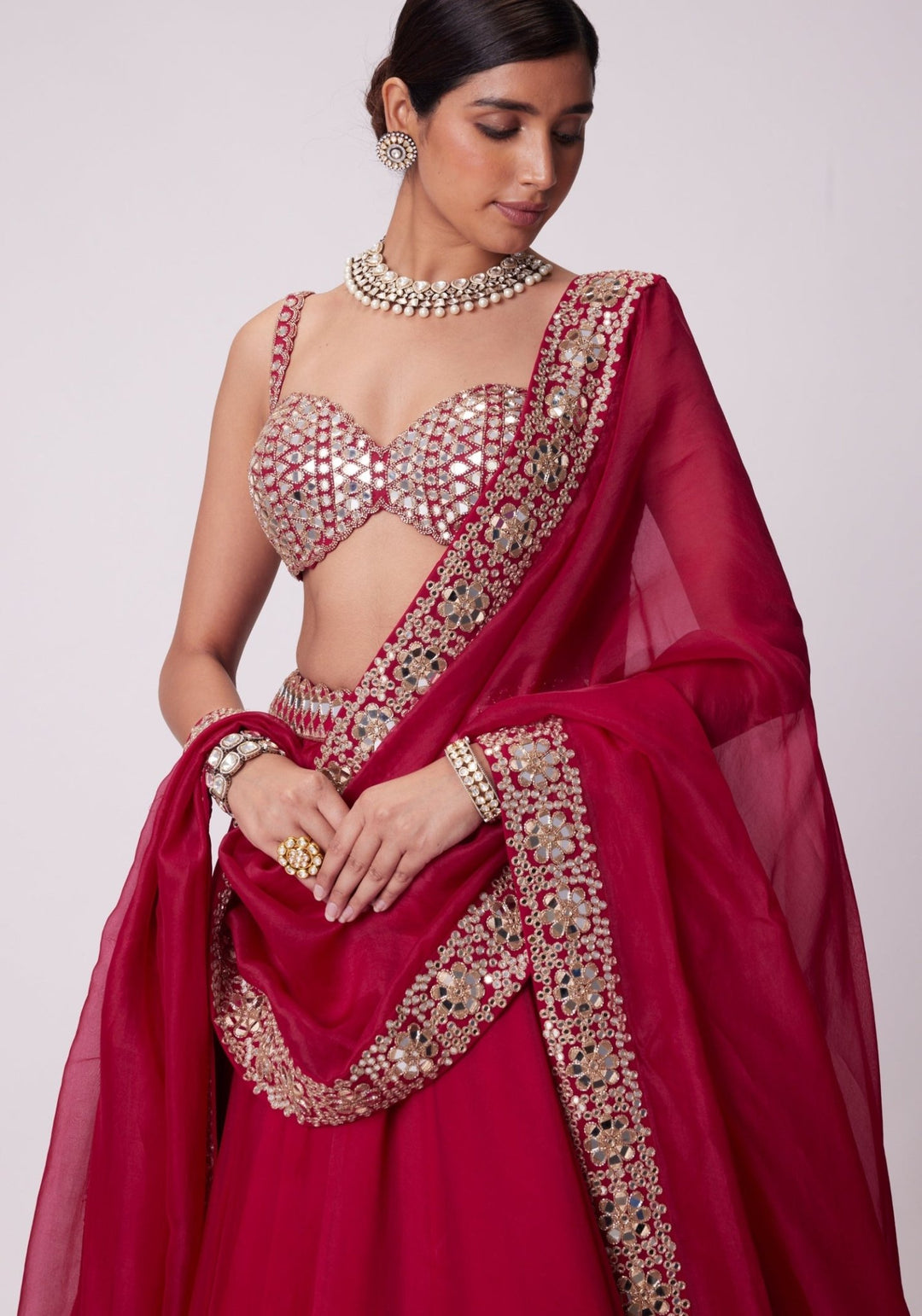 Red Organza Lehenga With Embroidered Sleeveless Blouse Vvani by Vani Vats - Fabilicious Fashion
