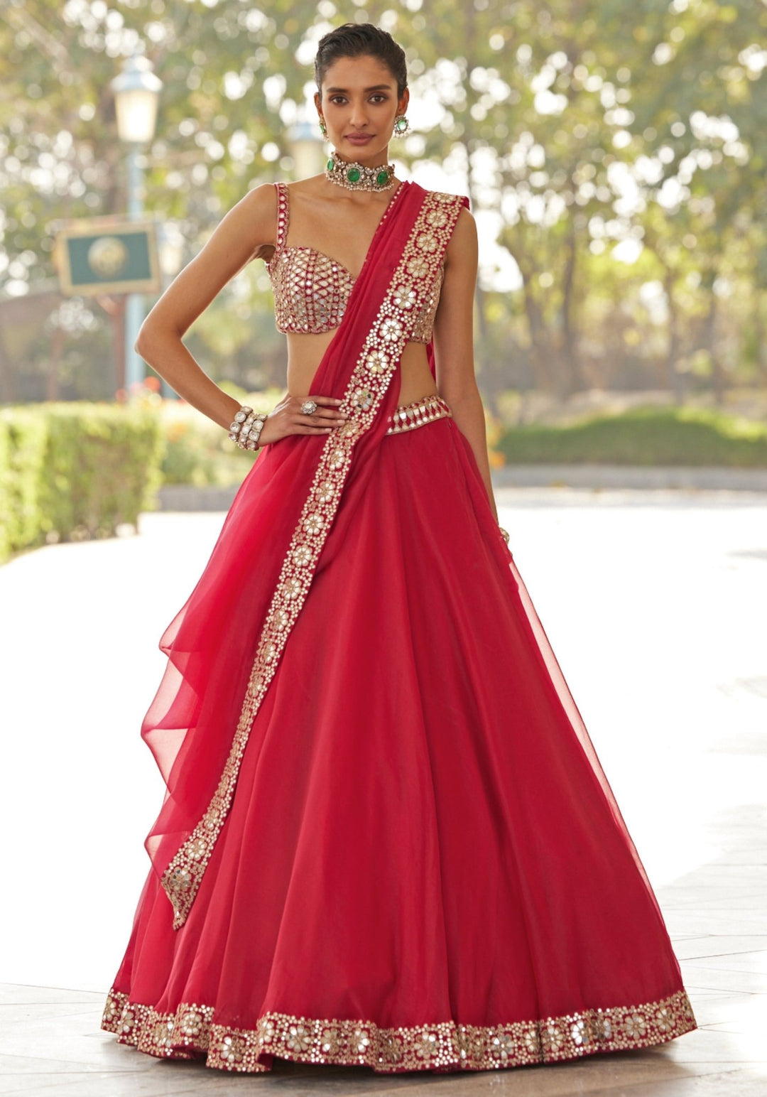Red Organza Lehenga With Embroidered Sleeveless Blouse Vvani by Vani Vats - Fabilicious Fashion