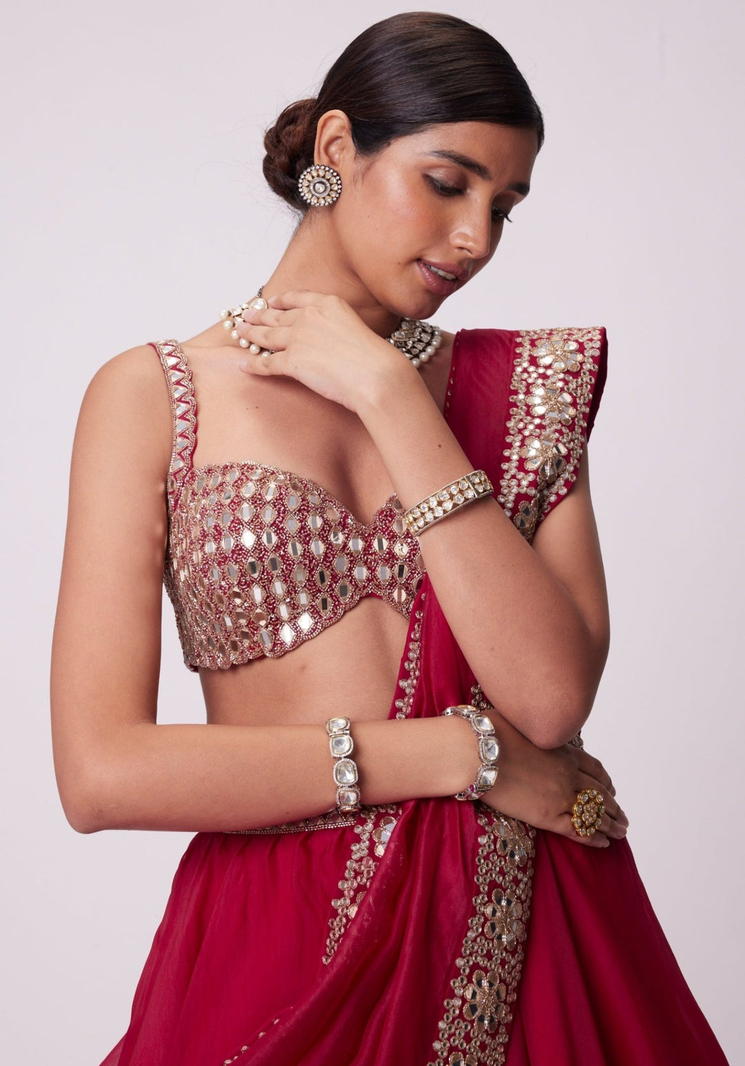 Red Organza Lehenga With Embroidered Sleeveless Blouse Vvani by Vani Vats - Fabilicious Fashion