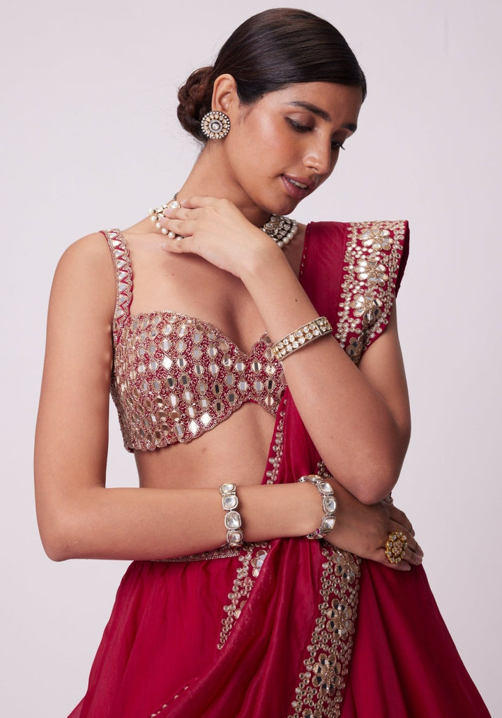 Red Organza Lehenga With Embroidered Sleeveless Blouse Vvani by Vani Vats - Fabilicious Fashion