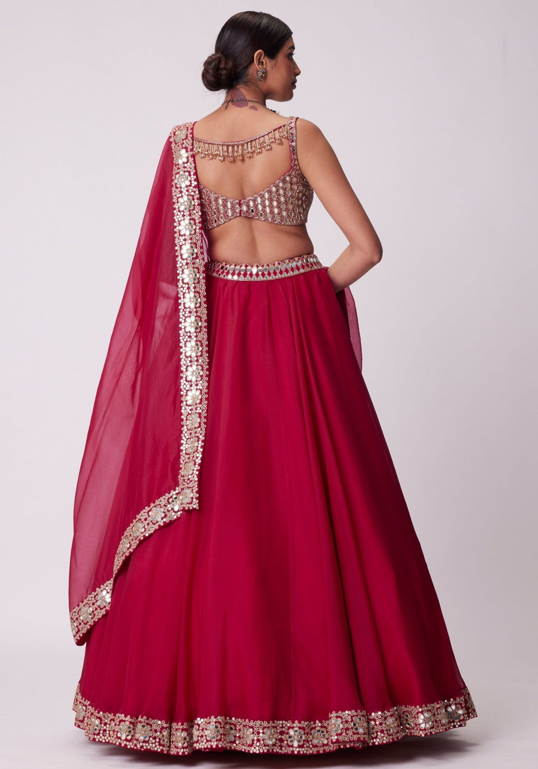 Red Organza Lehenga With Embroidered Sleeveless Blouse Vvani by Vani Vats - Fabilicious Fashion
