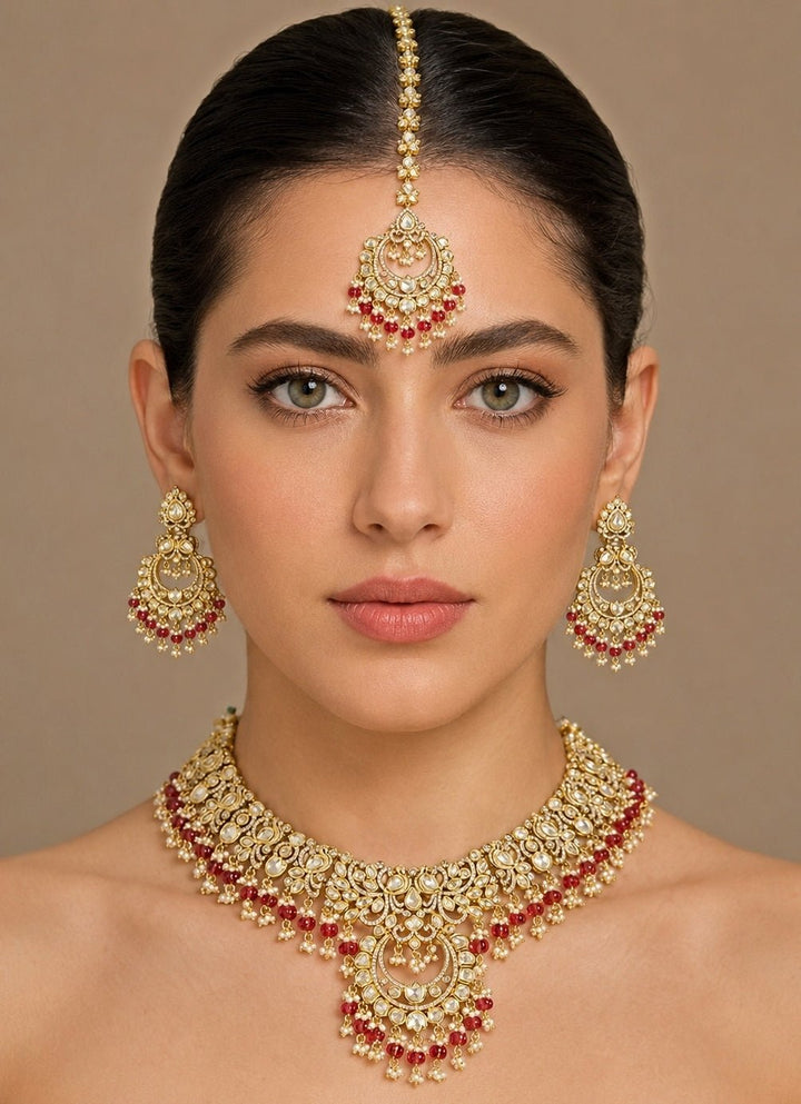 Zevar by Geeta Red Polki And Pearl Necklace SetFabilicious Fashion