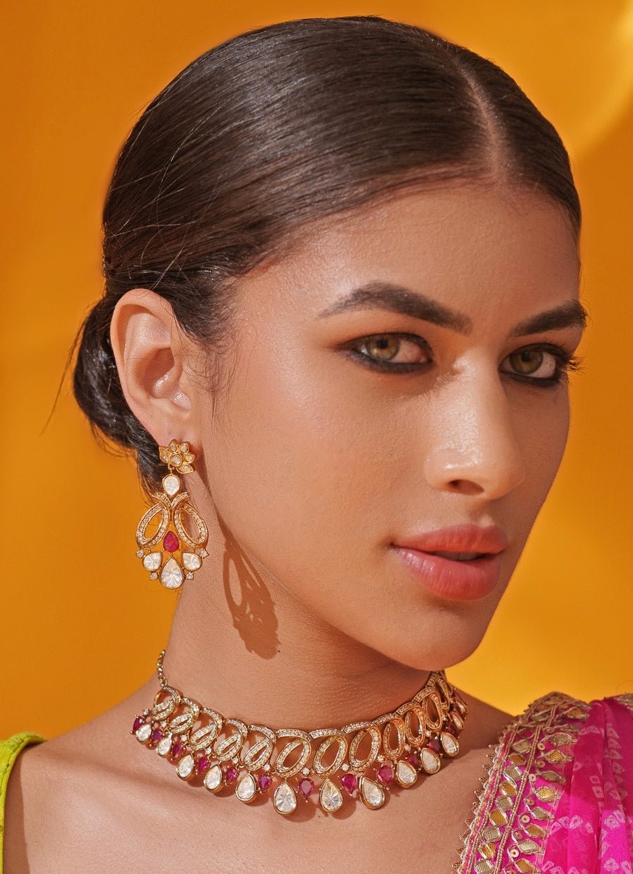 Red Polki Two Tone Necklace Set Zevar by Geeta - Fabilicious Fashion