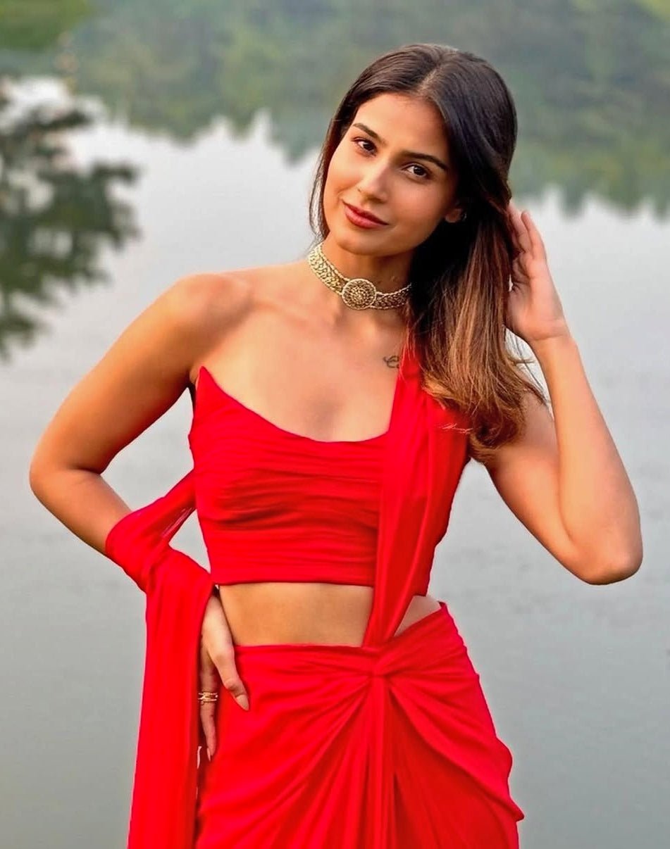 Red Pre Draped Pure Georgette Knot Saree With Corset Blouse Ankita Bajaj Label - Fabilicious Fashion