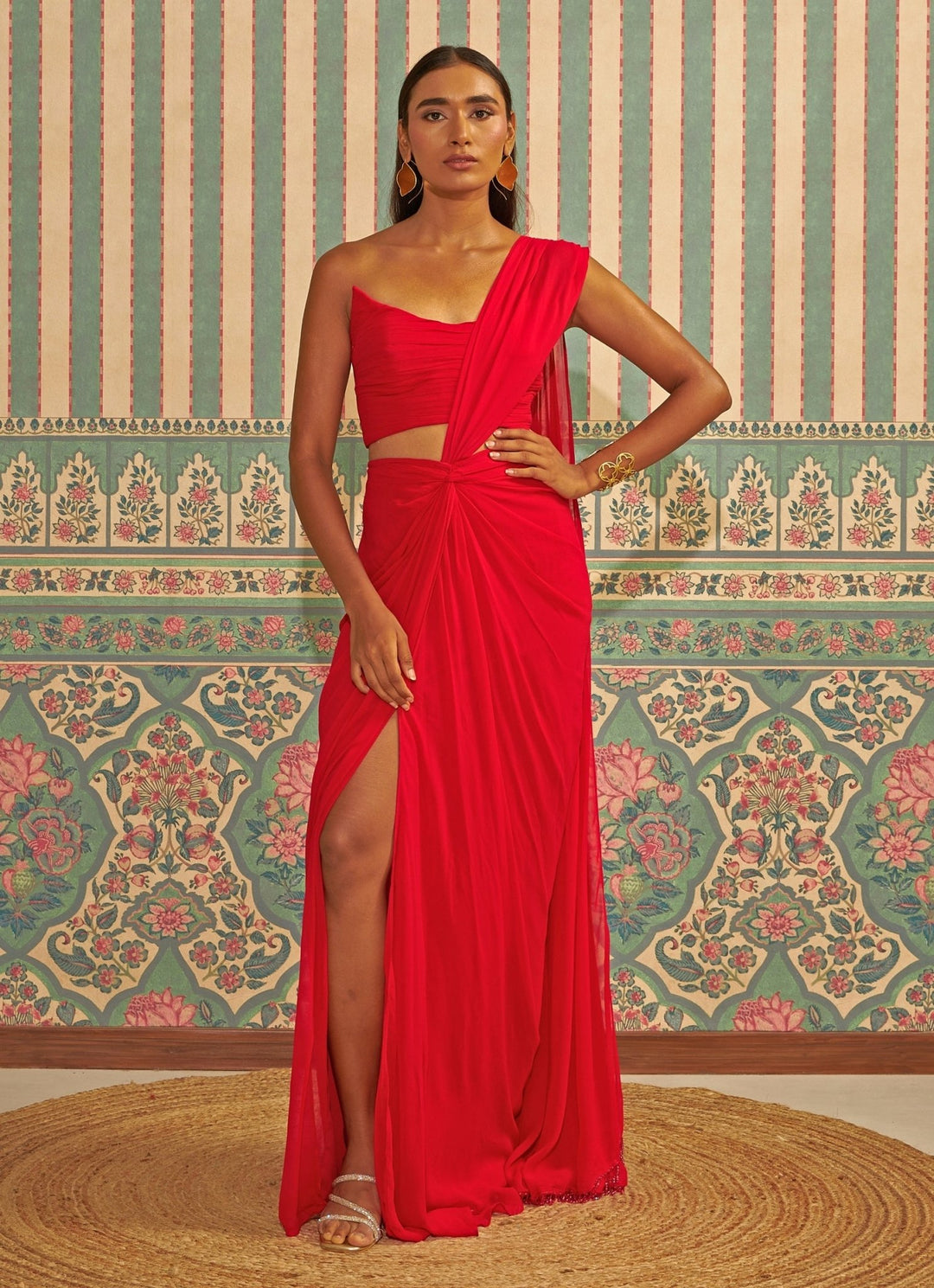 Red Pre Draped Pure Georgette Knot Saree With Corset Blouse Ankita Bajaj Label - Fabilicious Fashion