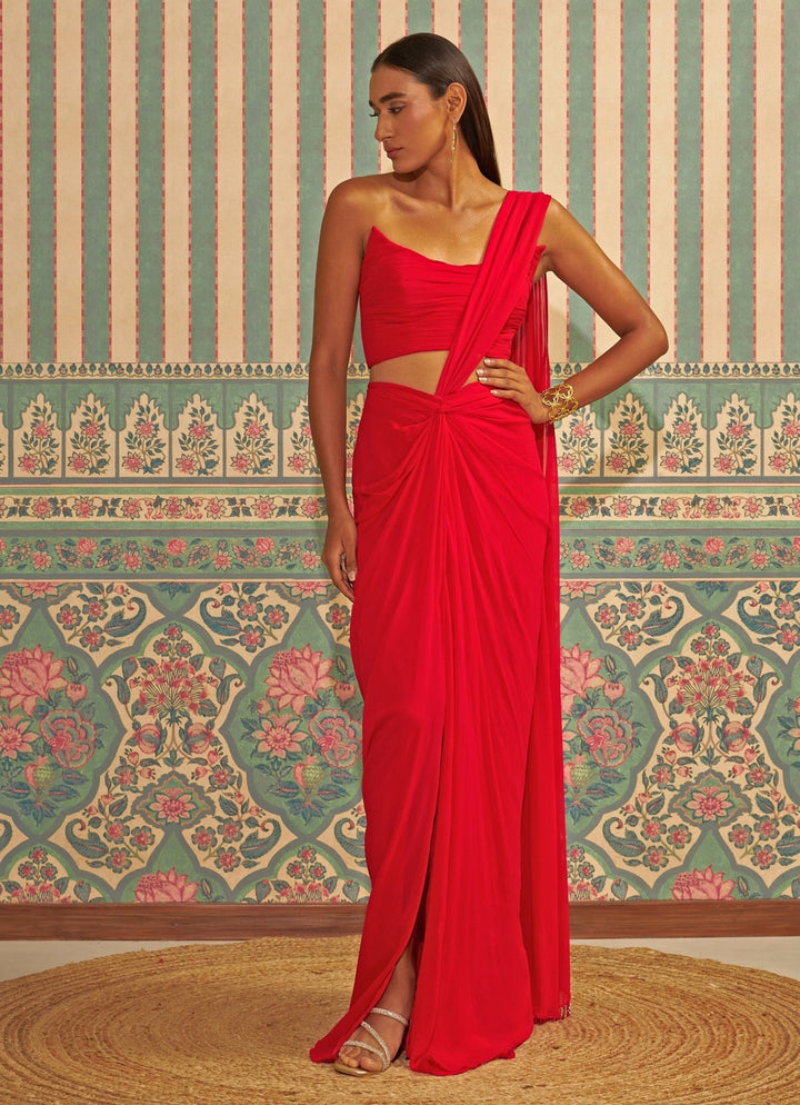 Red Pre Draped Pure Georgette Knot Saree With Corset Blouse Ankita Bajaj Label - Fabilicious Fashion