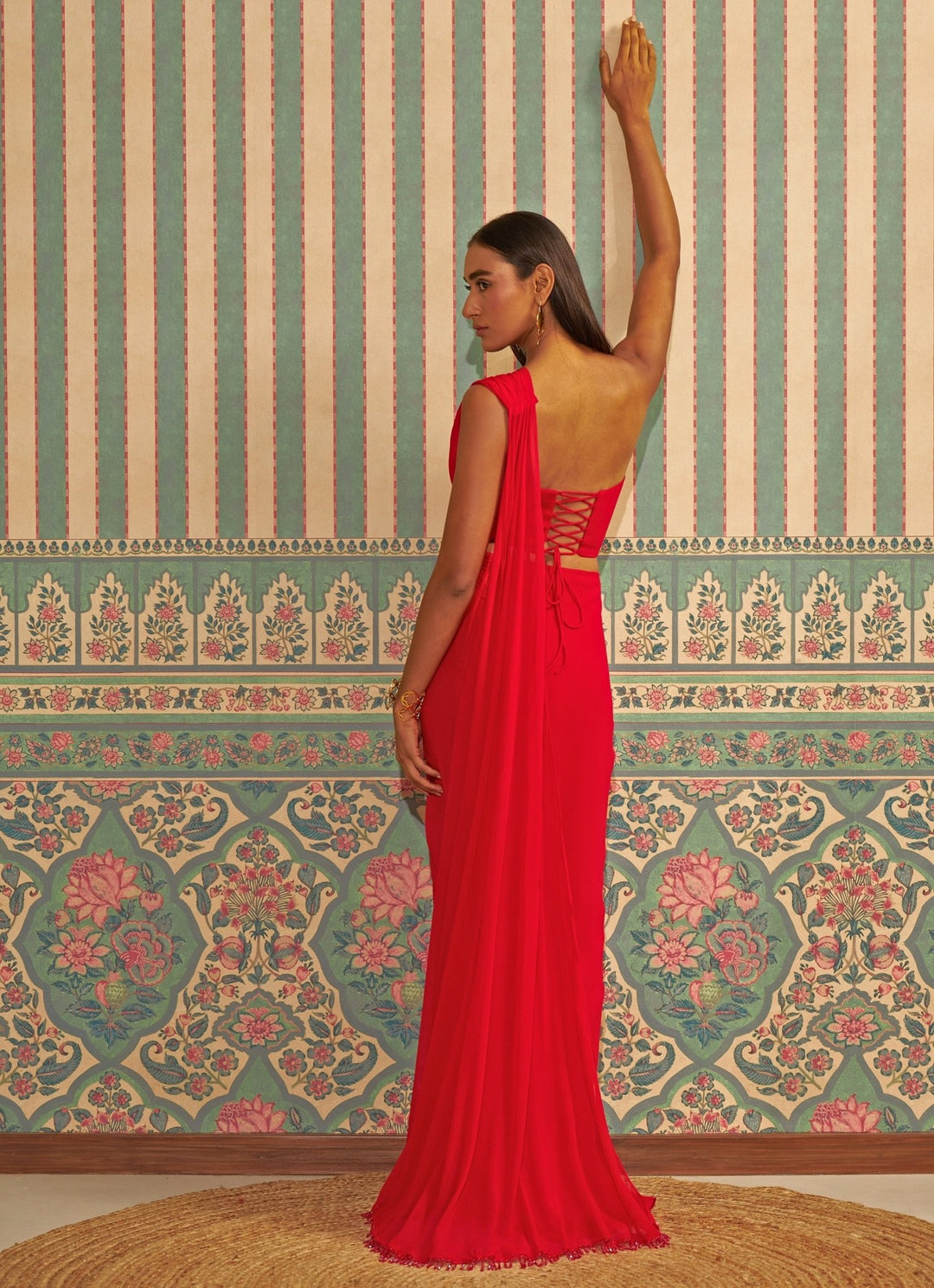 Red Pre Draped Pure Georgette Knot Saree With Corset Blouse Ankita Bajaj Label - Fabilicious Fashion