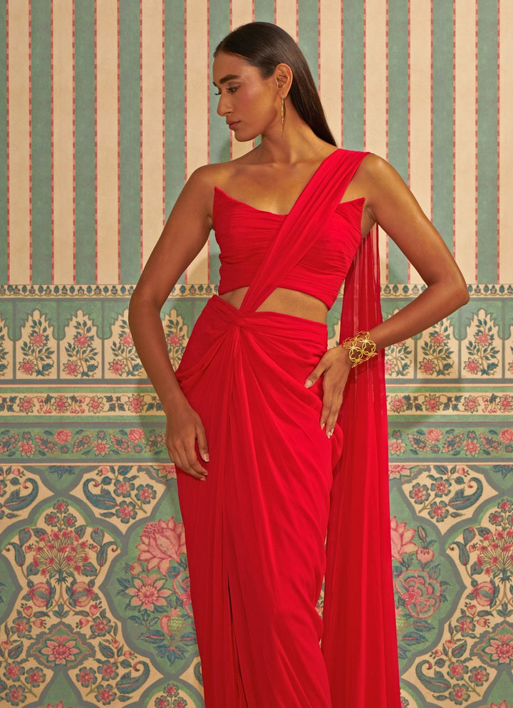 Red Pre Draped Pure Georgette Knot Saree With Corset Blouse Ankita Bajaj Label - Fabilicious Fashion
