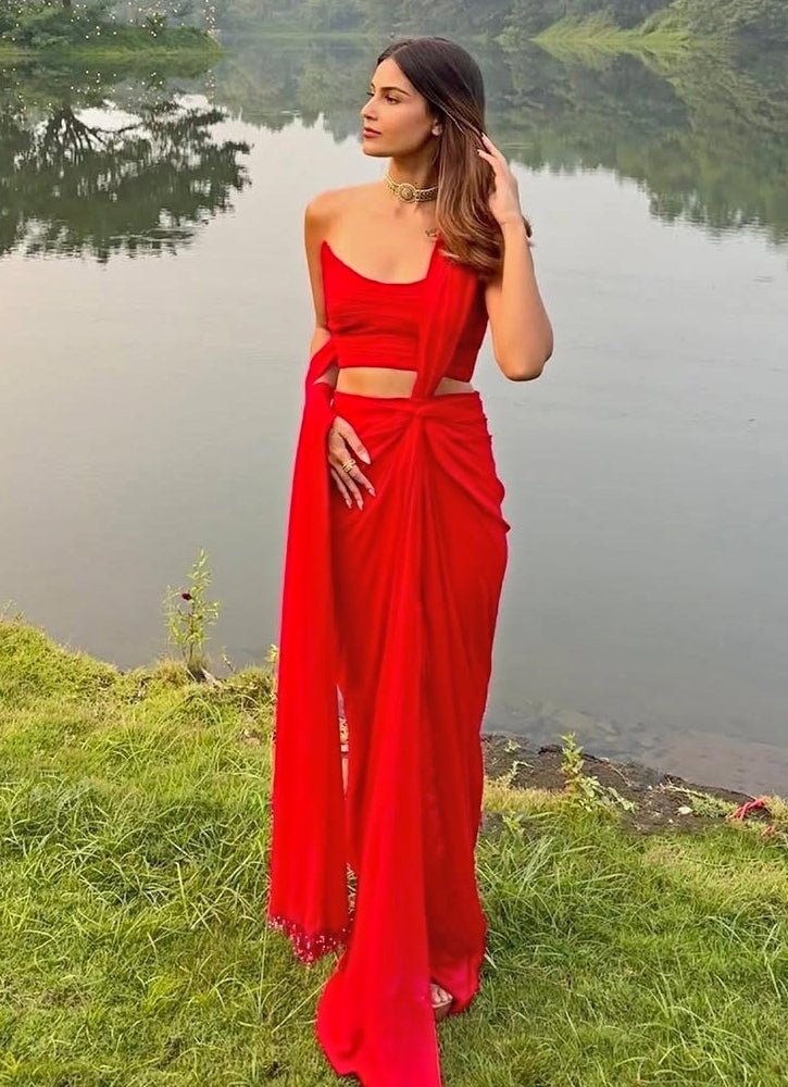 Red Pre Draped Pure Georgette Knot Saree With Corset Blouse Ankita Bajaj Label - Fabilicious Fashion