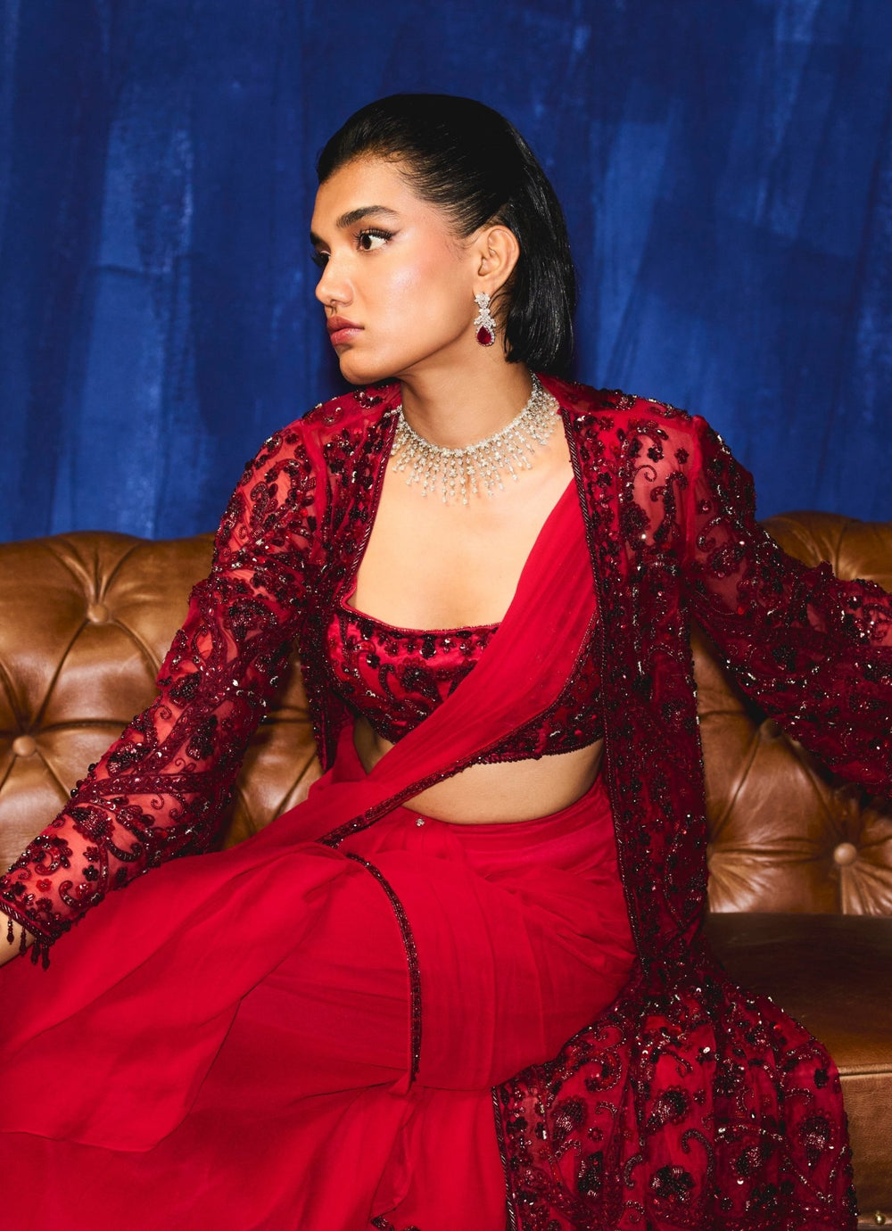 Red Pre Draped Ruffle Saree Set With Embroidered Jacket Mani Bhatia - Fabilicious Fashion