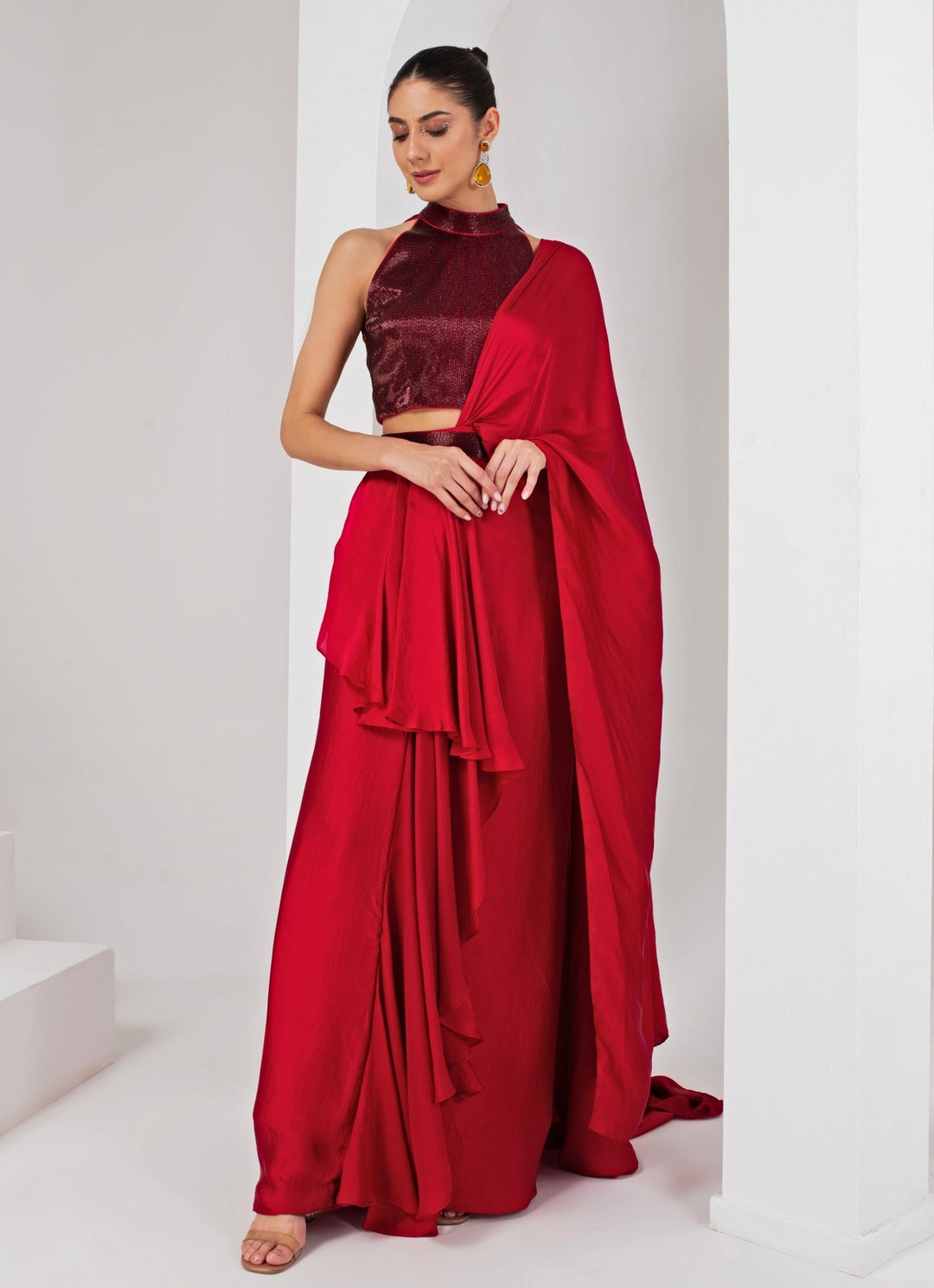 Red Pre - Draped Satin Saree with Nalki Blouse Akara - Fabilicious Fashion