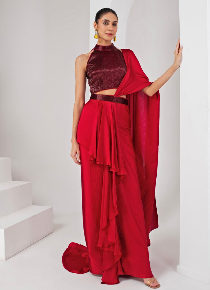 Red Pre - Draped Satin Saree with Nalki Blouse Akara - Fabilicious Fashion