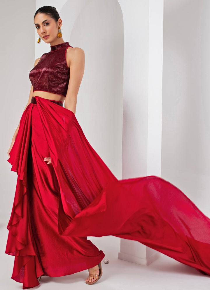 Red Pre - Draped Satin Saree with Nalki Blouse Akara - Fabilicious Fashion