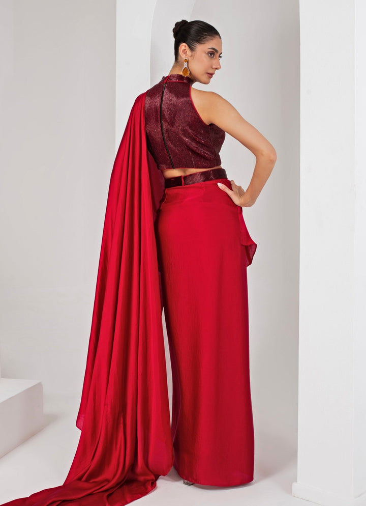Red Pre - Draped Satin Saree with Nalki Blouse Akara - Fabilicious Fashion
