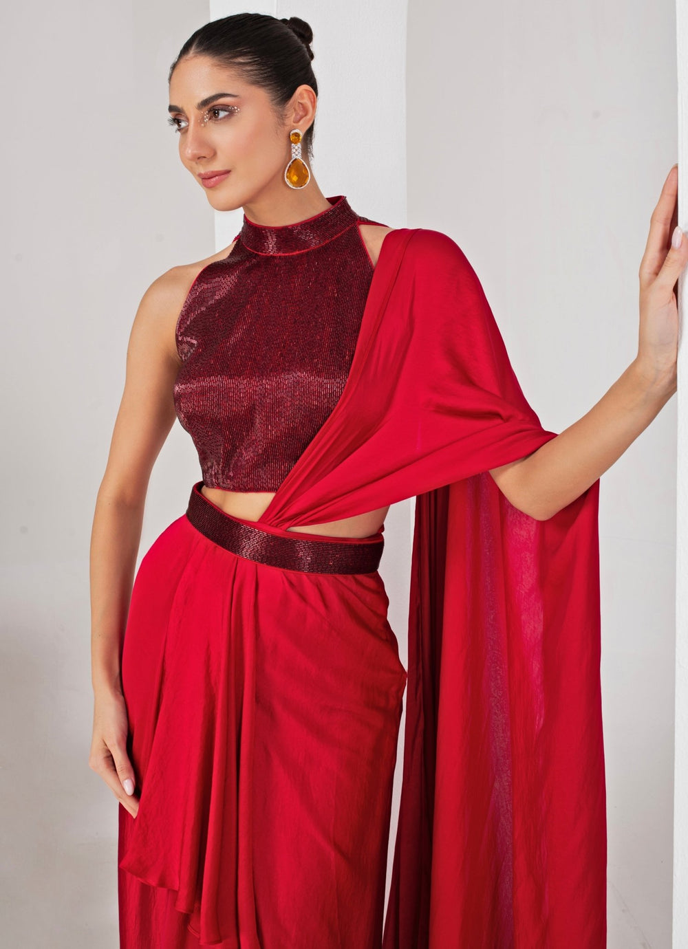 Red Pre - Draped Satin Saree with Nalki Blouse Akara - Fabilicious Fashion