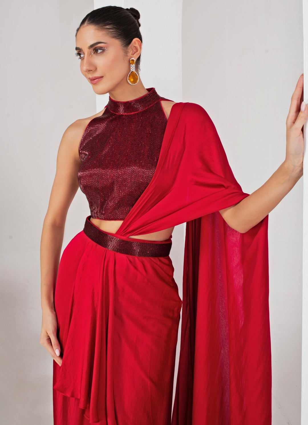 Red Pre - Draped Satin Saree with Nalki Blouse Akara - Fabilicious Fashion