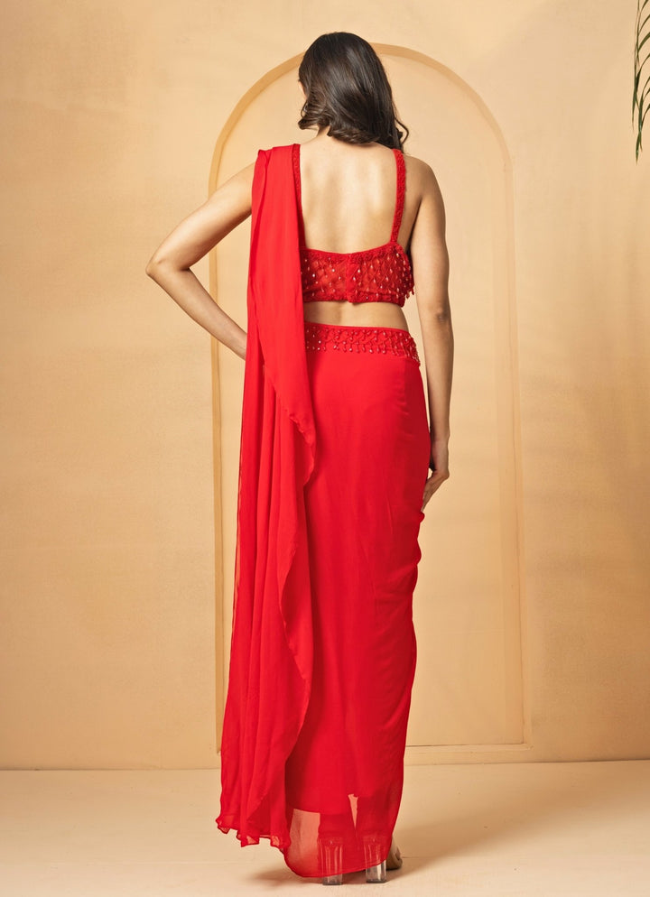 Red Pre - Stitched and Draped Georgette Saree Quench A Thirst - Fabilicious Fashion